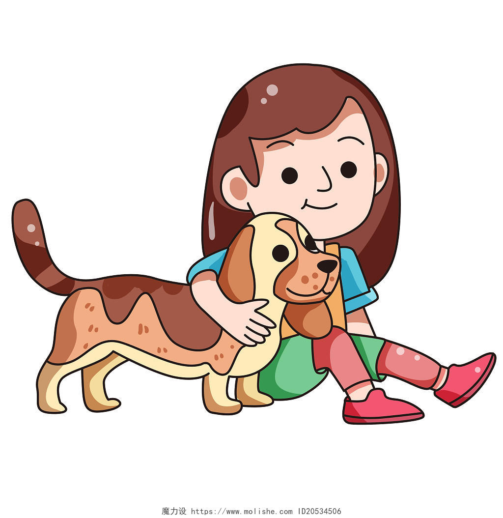 卡通家庭生活女孩和小狗插画素材png